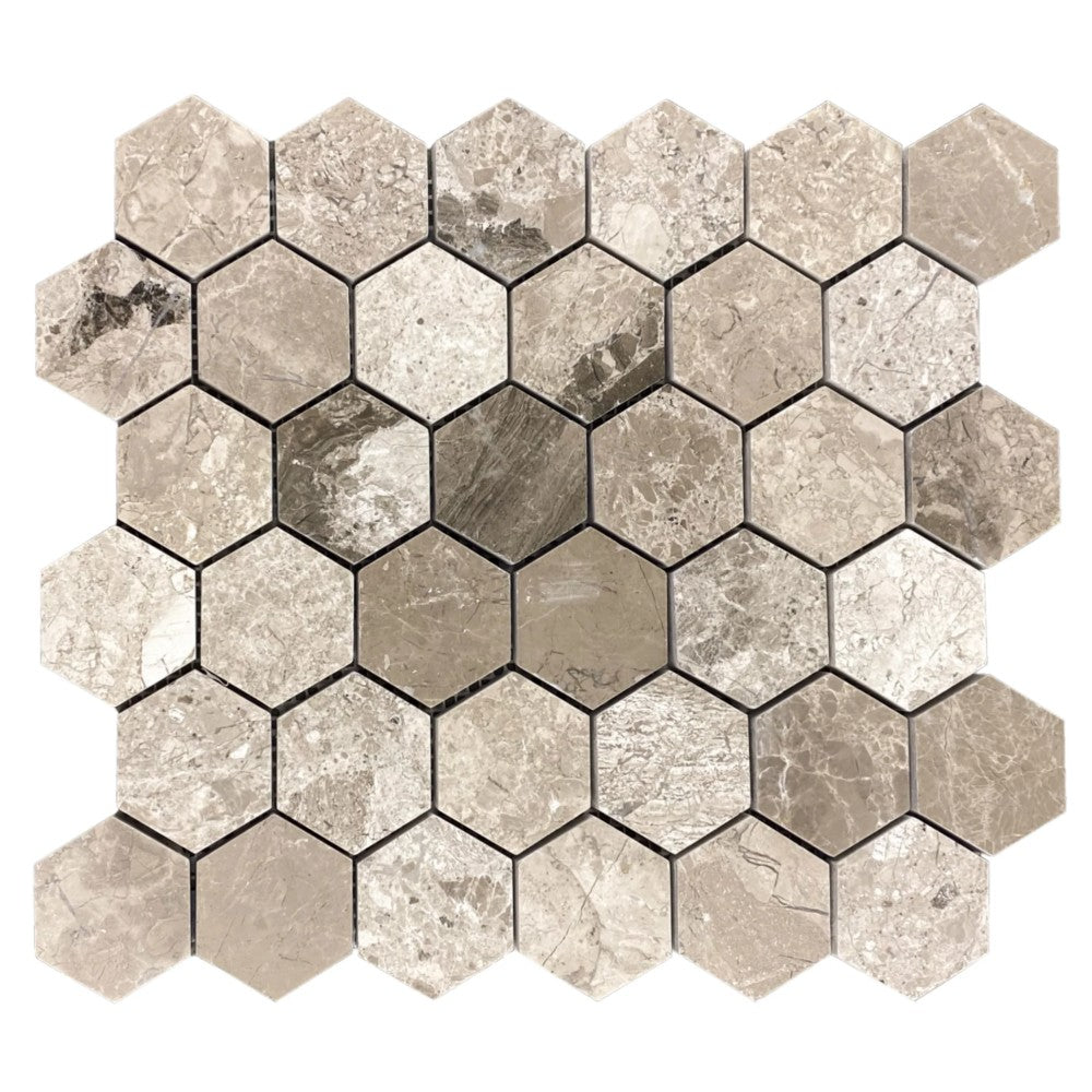 Silver shadow marble mosaic tile 2" hexagon on 12x12 mesh SKU-HSSH2HEXMOSH top view