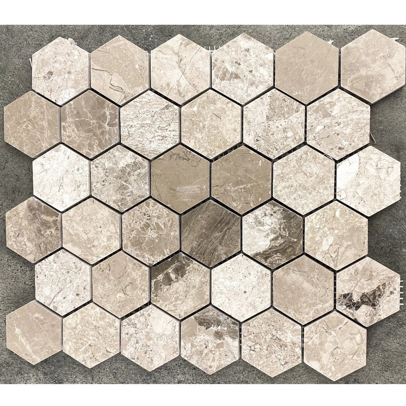 Silver shadow marble mosaic tile 2" hexagon on 12x12 mesh SKU-HSSH2HEXMOSH top view