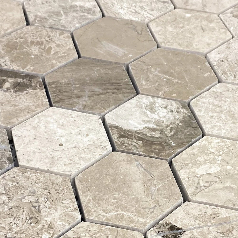 Silver shadow marble mosaic tile 2" hexagon on 12x12 mesh SKU-HSSH2HEXMOSH close view