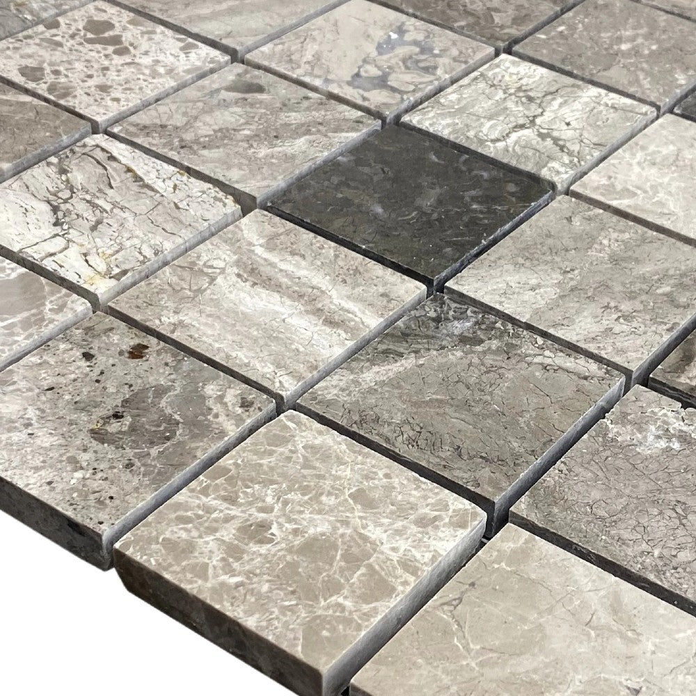 Silver Shadow Marble 2"x2" Honed on 12" x 12" Mesh Mosaic Tile SKU-HSSH2x2BMOSH close view