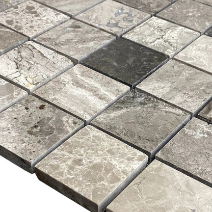 Silver Shadow Marble 2"x2" Honed on 12" x 12" Mesh Mosaic Tile SKU-HSSH2x2BMOSH close view