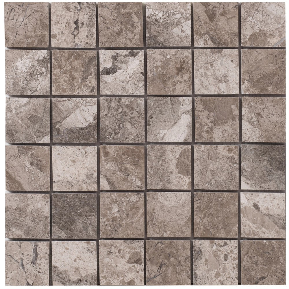 Silver Shadow Marble 2"x2" Honed on 12" x 12" Mesh Mosaic Tile SKU-HSSH2x2BMOSH Mesh view on white background