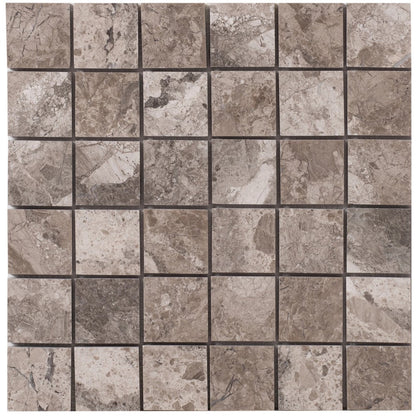 Silver Shadow Marble 2"x2" Honed on 12" x 12" Mesh Mosaic Tile SKU-HSSH2x2BMOSH Mesh view on white background