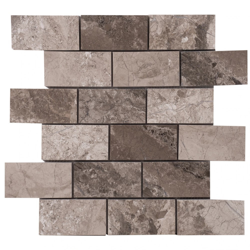 Silver Shadow Marble 2"x4" Brick Honed on 12" x 12" Mesh Mosaic Tile SKU-HSSH2x4BMOSH Mesh view on white background