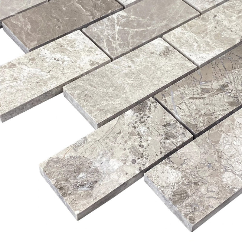 Silver Shadow Marble 2"x4" Brick Honed on 12" x 12" Mesh Mosaic Tile SKU-HSSH2x4BMOSH corner view
