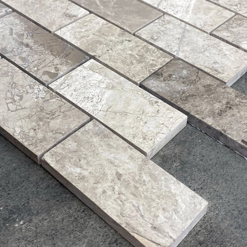 Silver Shadow Marble 2"x4" Brick Honed on 12" x 12" Mesh Mosaic Tile SKU-HSSH2x4BMOSH corner view