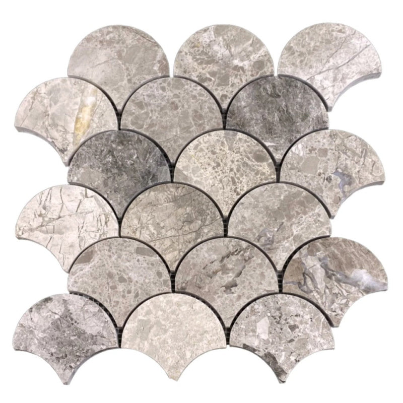 Silver shadow marble mosaic tile laguna design on 12x12 mesh honed SKU-HSSHLAGDMOSH on white background
