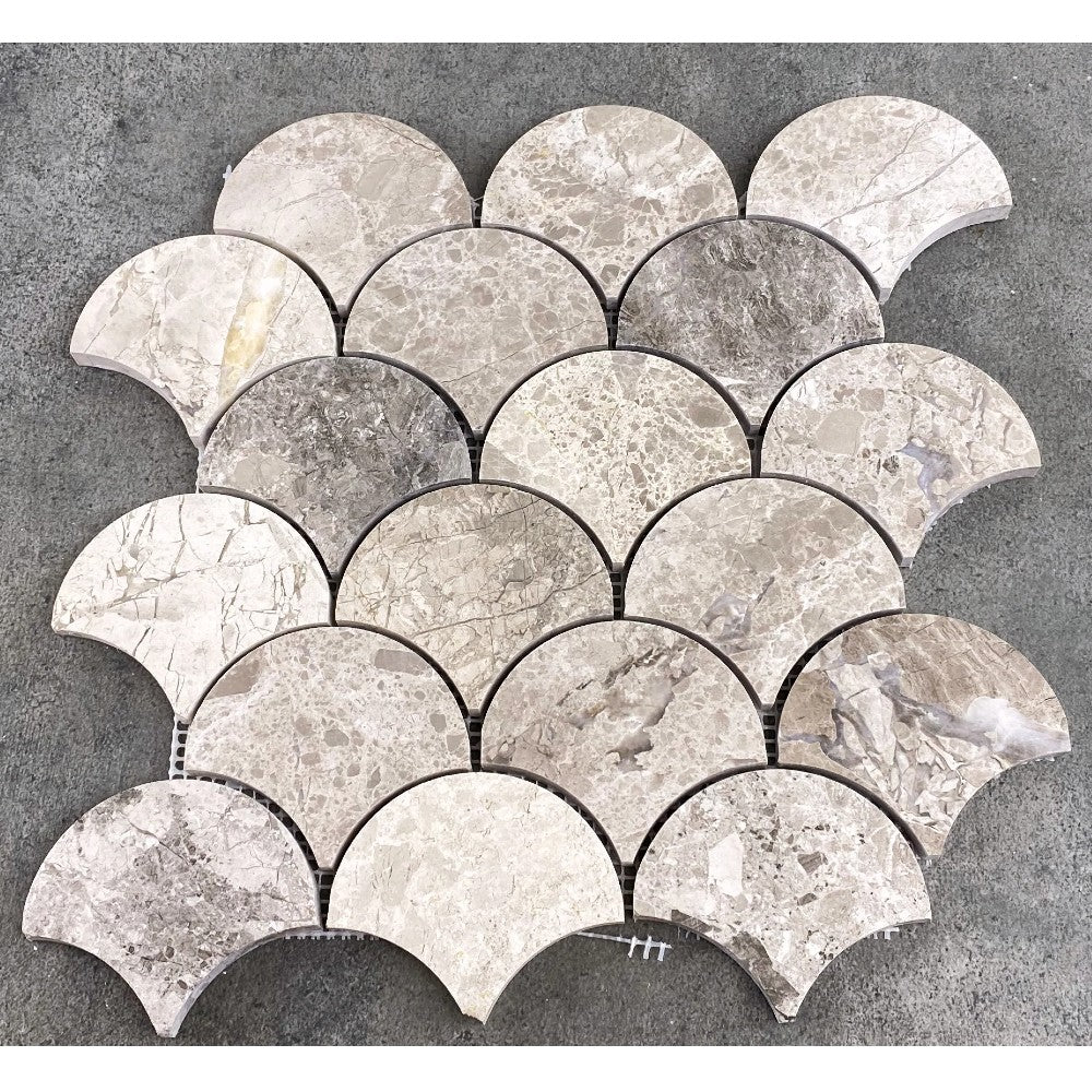 Silver shadow marble mosaic tile laguna design on 12x12 mesh honed SKU-HSSHLAGDMOSH top view