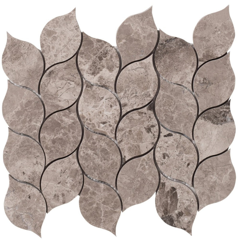 Silver Shadow Marble Leaf Design on 12" x 12" Mesh Mosaic Tile SKU-HSSSLEABMOSH Mesh view on white background