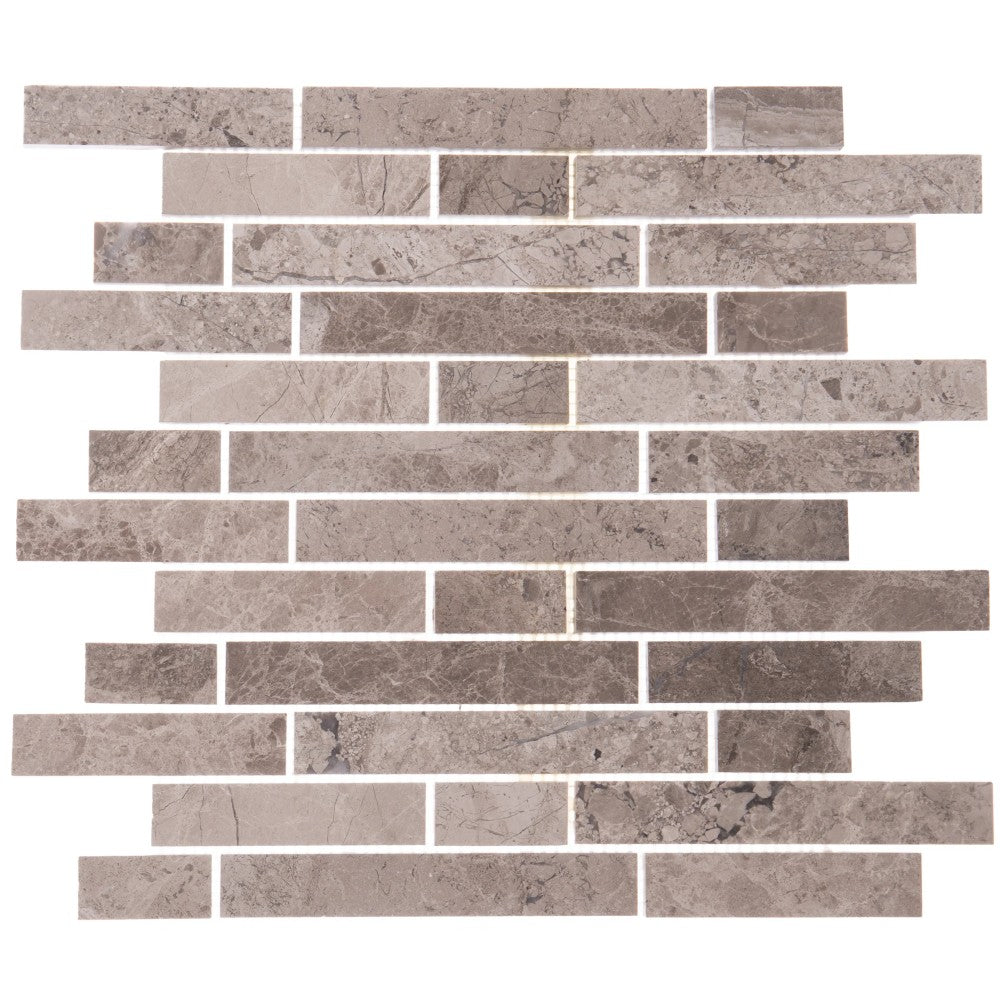 Silver Shadow Marble Liner on 12" x 12" Mesh Mosaic Tile SKU-HSHSSLNBMOSH Mesh view on white background.