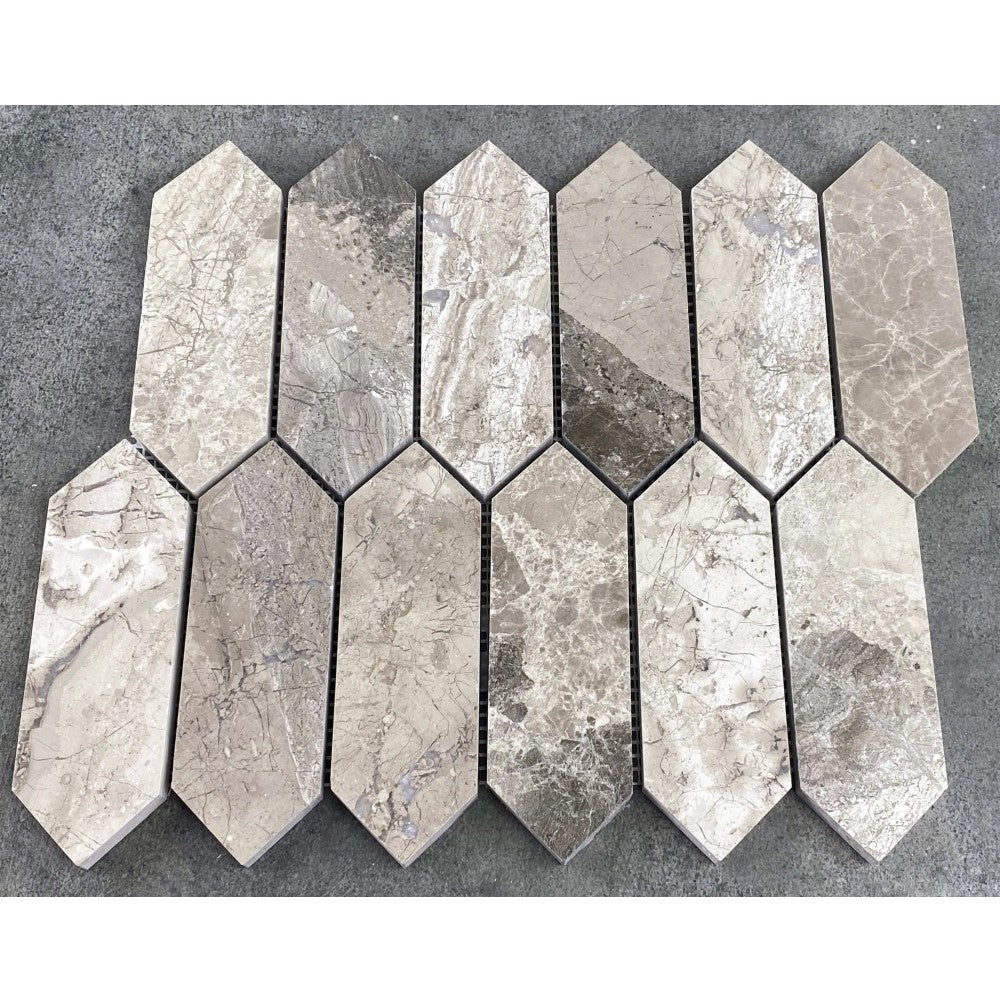 Silver Shadow Marble Strada Design on 12" x 12" Mesh Mosaic Tile SKU-HSLSHTRBMOSH under sunlight