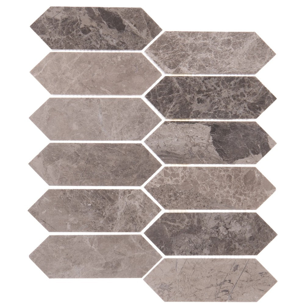 Silver Shadow Marble Strada Design on 12" x 12" Mesh Mosaic Tile SKU-HSLSHTRBMOSH Mesh view on white background.