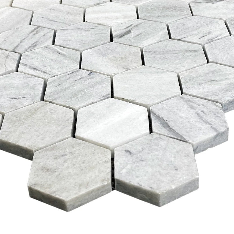 Solto White Marble 2" Hexagon on 12" x 12" Mesh Mosaic Tile SKU-HSSW2HEXMOSH corner view