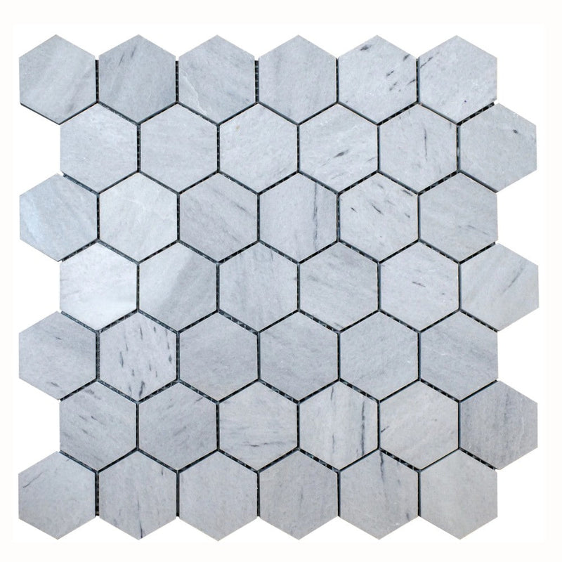 Solto White Marble 2" Hexagon on 12" x 12" Mesh Mosaic Tile SKU-HSSW2HEXMOSH on white background