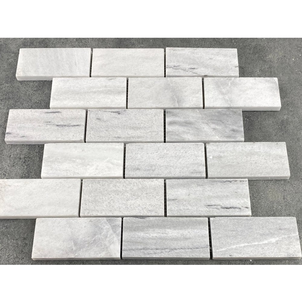 Solto White Marble 2"x4" Brick Honed on 12" x 12" Mesh Mosaic Tile SKU-HSSW2x4BMOSH top view