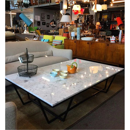 Statuario White marble coffee table W30-L48-H16 rectangular black metal legs SKU-MSTB30x48BP 