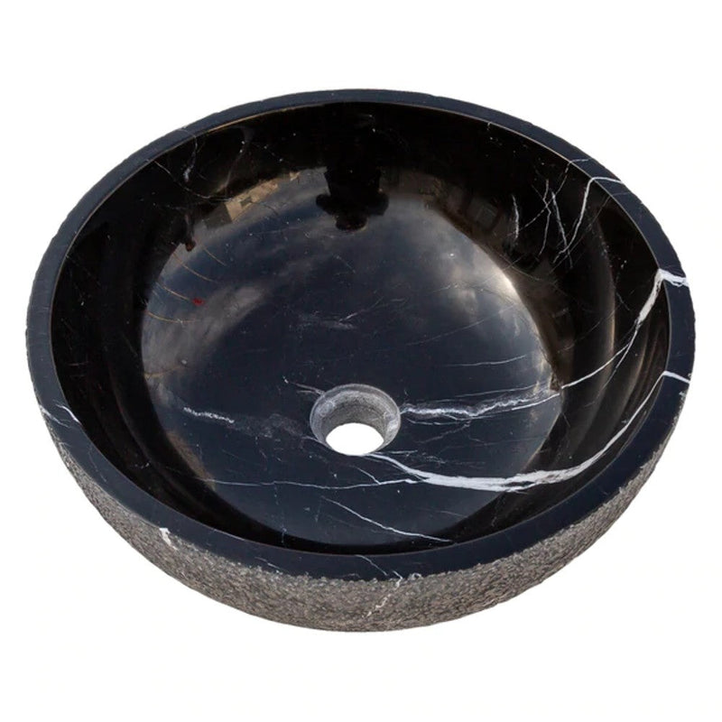 Toros Black Marble Natural Stone Vessel Sink Polished and Rough D16 H6 SKU EGE7TBP165 angle view