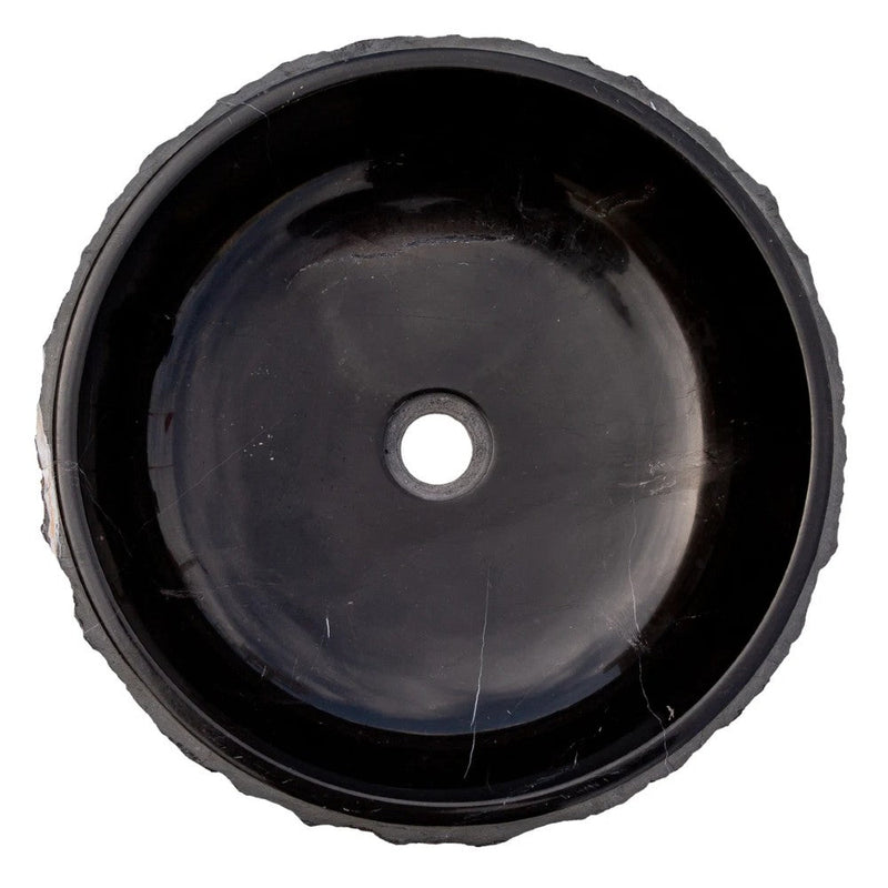 Toros Black Marble Vessel Bathroom Sink Bowl Polished Interior and combed Exterior D16 H5 SKU EGENTBM1675 top view