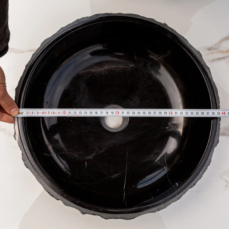 Toros Black Marble Vessel Bathroom Sink Bowl Polished Interior and combed Exterior D16 H5 SKU EGENTBM1675 top measure view