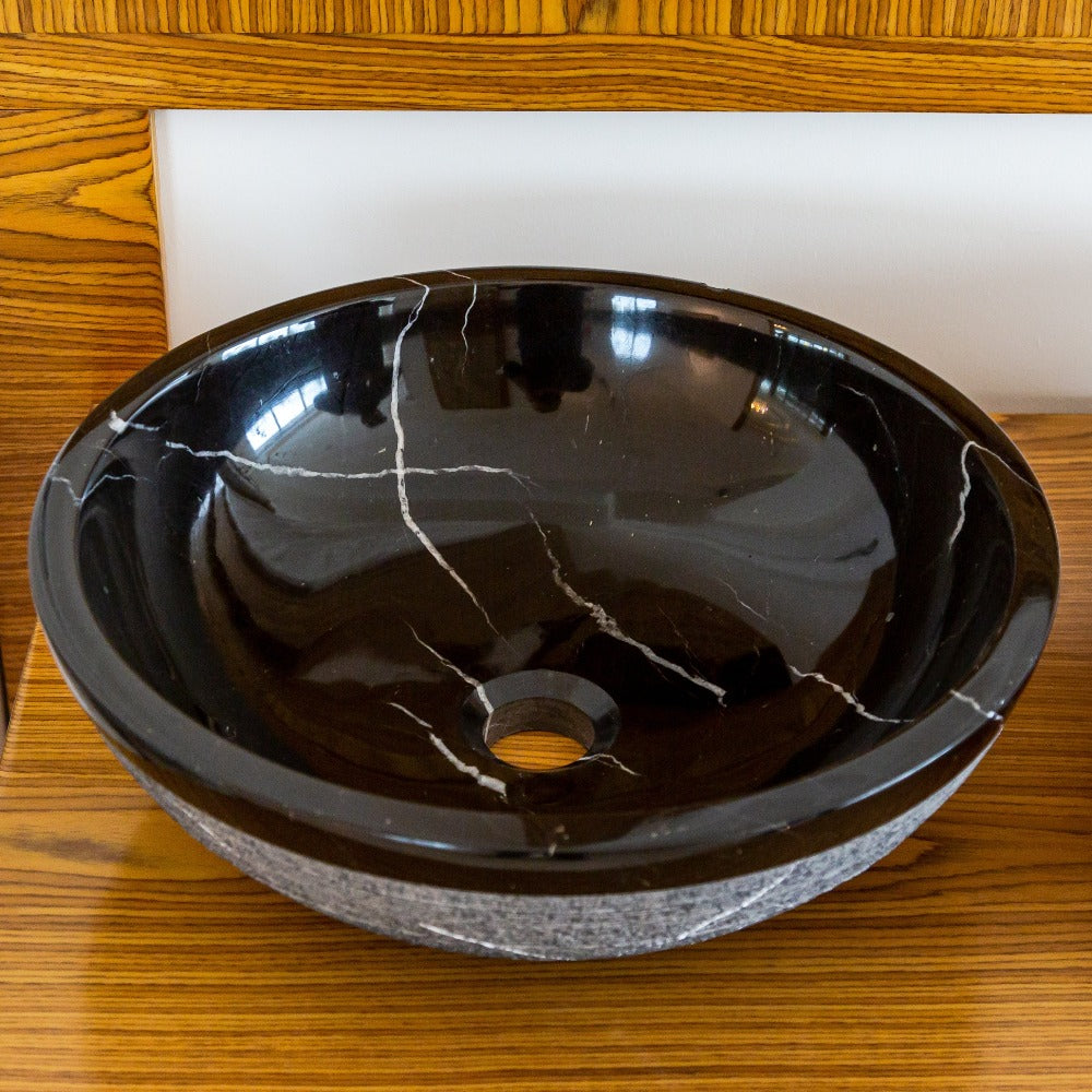 Toros Black Marble Vessel Sink rough exterior SKU-NTRVS24 size (D)16" (H)6" product shot angle view