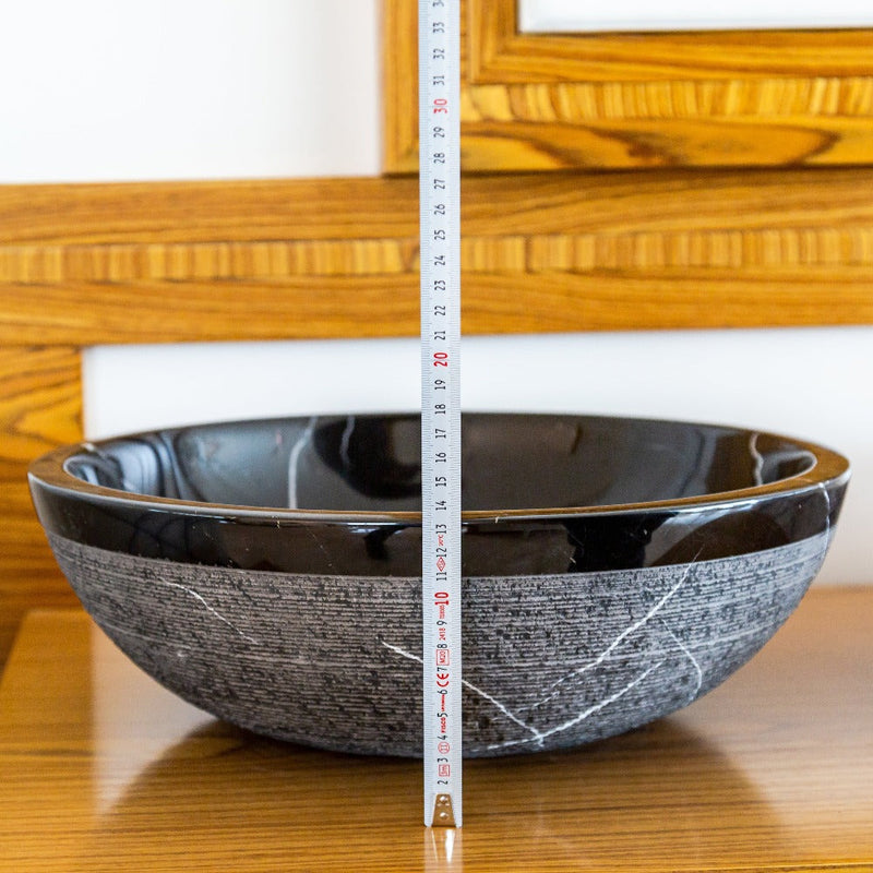 Toros Black Marble Vessel Sink rough exterior SKU-NTRVS24 size (D)16" (H)6" product shot front view height measure