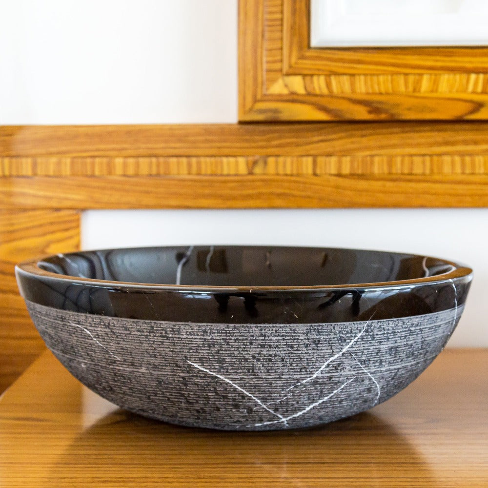 Toros Black Marble Vessel Sink rough exterior SKU-NTRVS24 size (D)16" (H)6" product shot front view