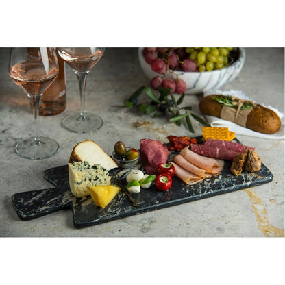 Toros Black genuine white marble serving board charcutorie platter product SKU-MSTBSB8x14 Presentation shot of serving board.