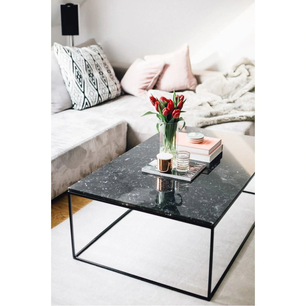 Toros black marble coffee table 16x32 black paint legs SKU-MSTB16x32BP toros marble view at livingrom