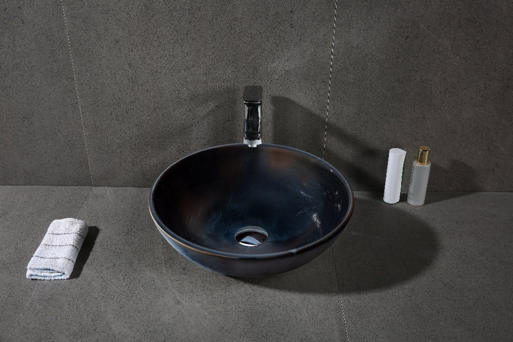 Toros black marble round vessel sink NTRSTC01 (D)16" (H)6" installed on bathroom angle view