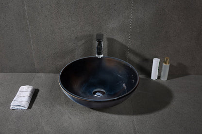 Toros black marble round vessel sink NTRSTC01 (D)16" (H)6" installed on bathroom angle view