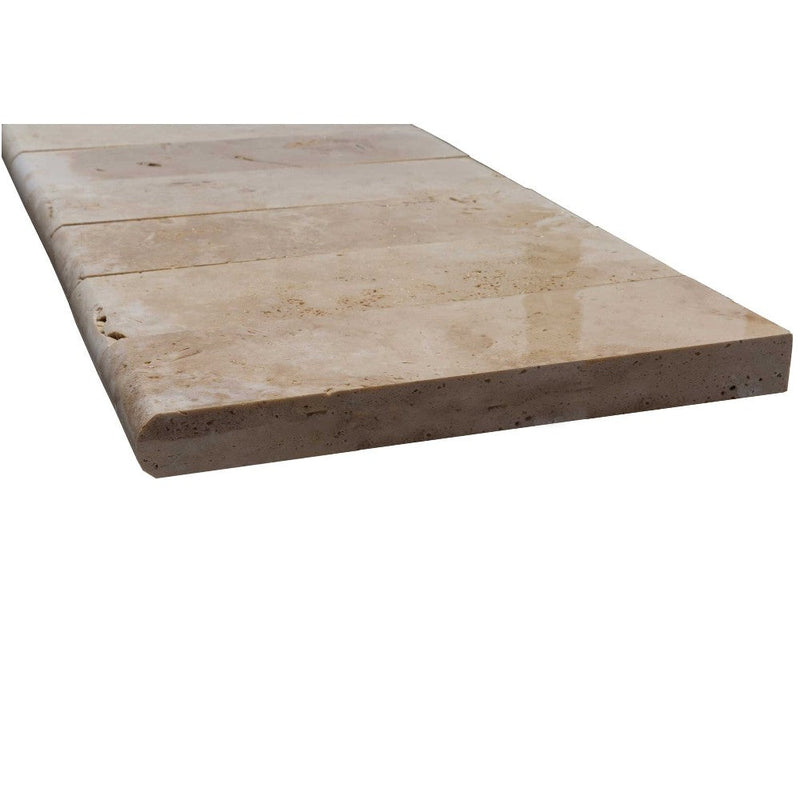 Travertine pool coping bullnosed paver tumbled size 6x12 SKU-20030002 product shot thickness view