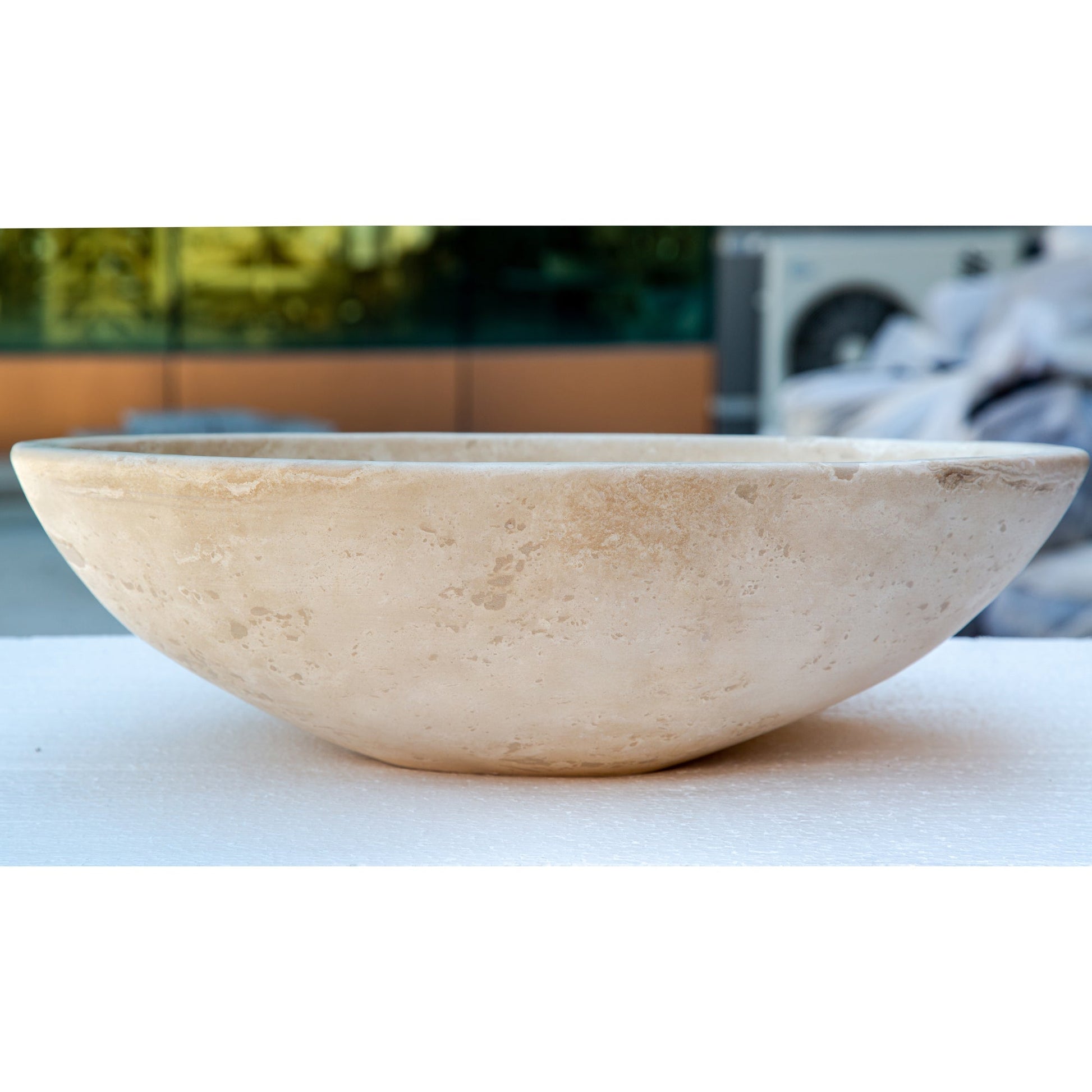 troia light beige travertine natural stone oval vessel sink surface honed filled size (W)16" (L)21" (H)6" (52cmx41cm)-SKU-NTRSTC06 product shot front view