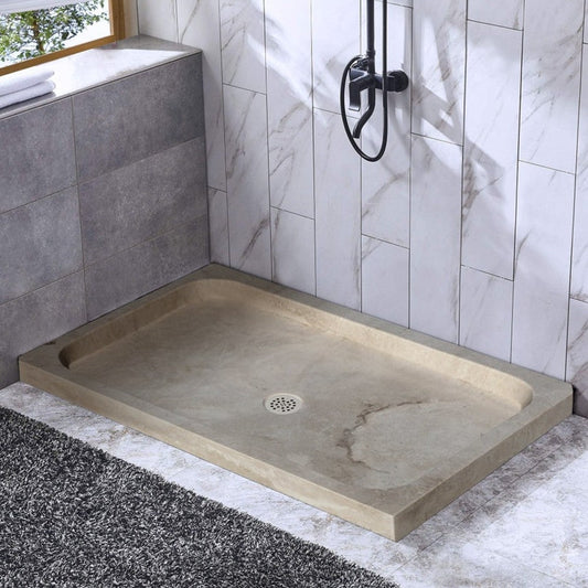 Troia light travertine rectangular shower base SKU-NTRSTC27 Installed view of Trola base