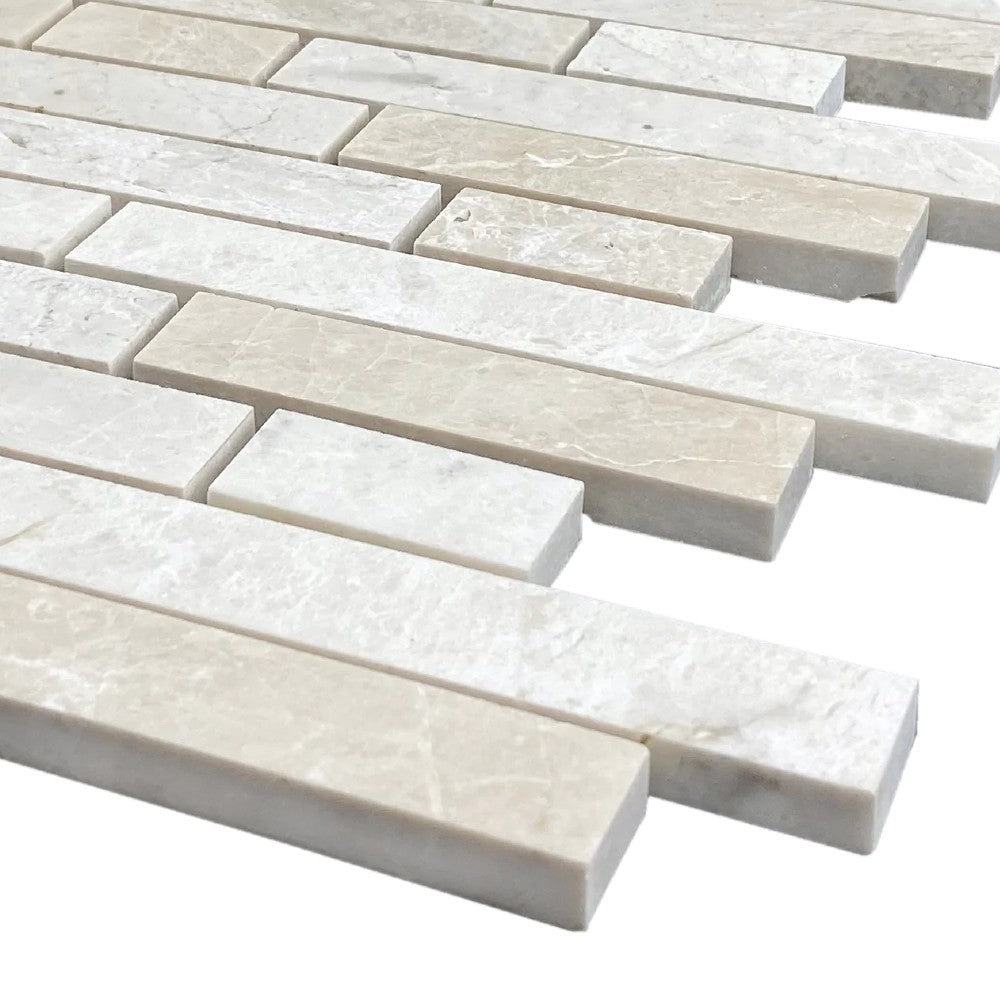 Vanilla Beige Marble Strip Liner on 12" x 12" Mesh Mosaic Tile SKU-HSVBSLNBMOSH corner view