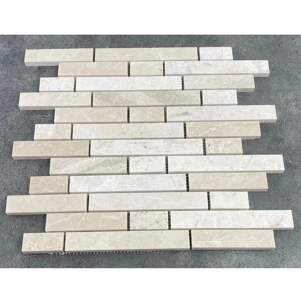 Vanilla Beige Marble Strip Liner on 12" x 12" Mesh Mosaic Tile SKU-HSVBSLNBMOSH top view