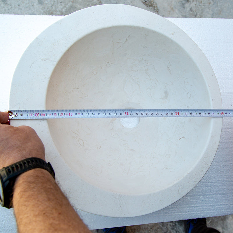 White limestone sloped rim circular vessel sink NTRSTC07 D16 diameter measure view2