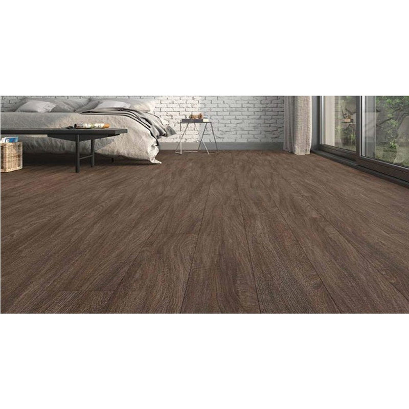 agt armonia collection palermo slim laminate flooring edge detail 4-sided V-groove wood look thickness 8mm size 6.25"x54" SKU 991969 installed on bedroom floor