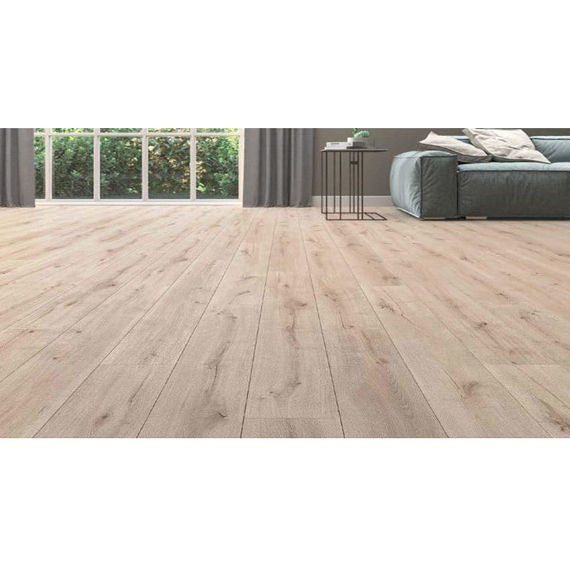 agt armonia collection sorento slim laminate flooring edge detail 4-sided V-groove wood look thickness 8mm size 6.25"x54" SKU 991971 installed on bedroom floor