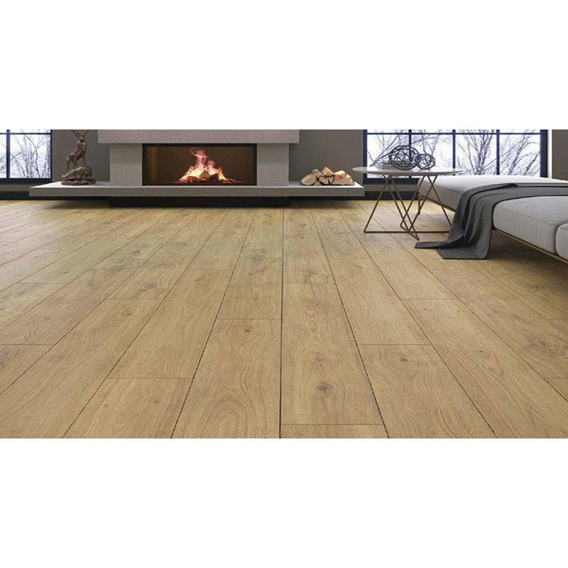 agt armonia collection toskana large laminate flooring edge detail 4-sided V-groove wood look thickness 8mm size 6.25"x54" SKU 991978 installed on living room floor with fireplace