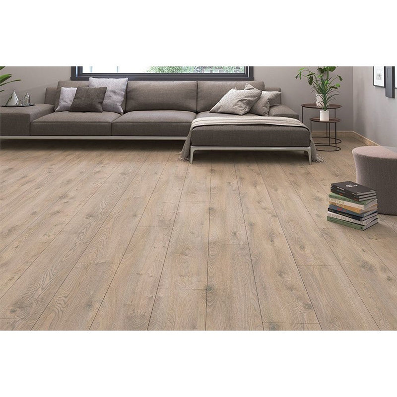 agt effect premium tibet laminate flooring edge detail 4-sided V groove wood look thickness 12mm size 7.5"x47" SKU 164016 installed on living room floor