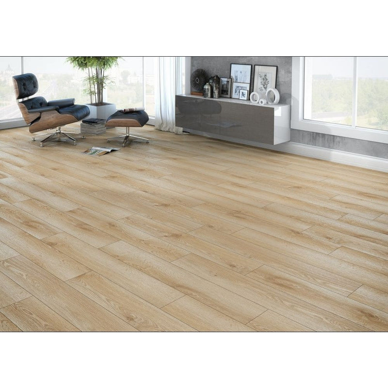 agt natura line trend oak laminate flooring 4-sided V-groove wood-look SKU 991578 installed on living room floor
