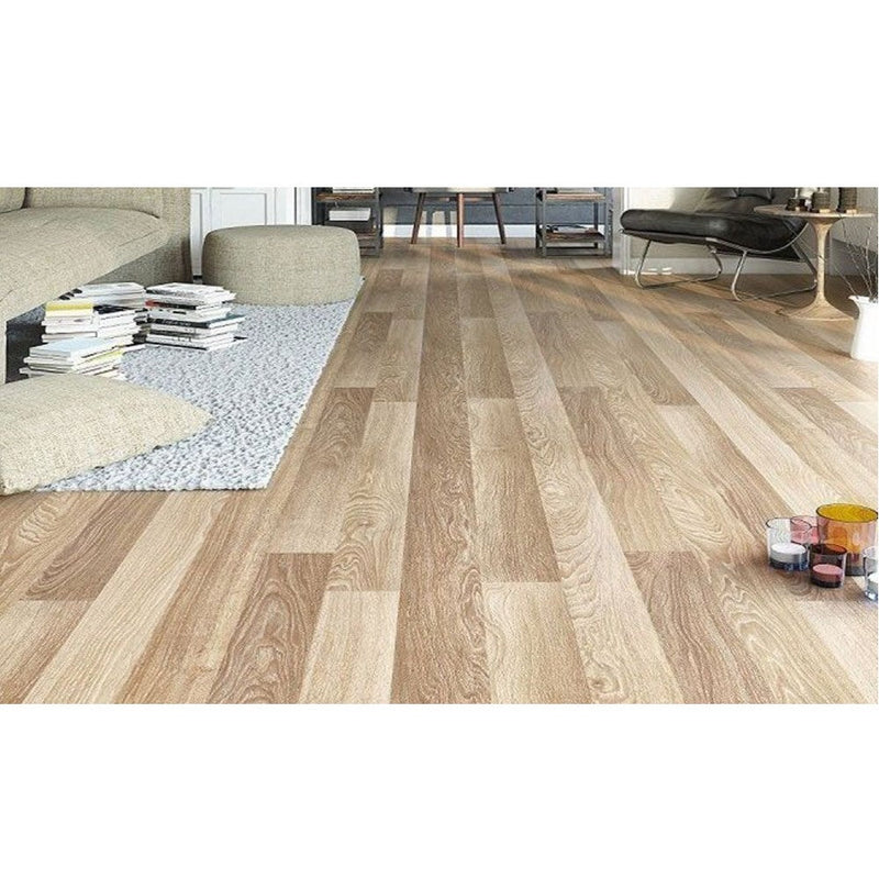 agt natura select shiraz oak laminate flooring edge detail straight wood look thickness 8mm size 7.5"x47" SKU 991340 installed on living room floor