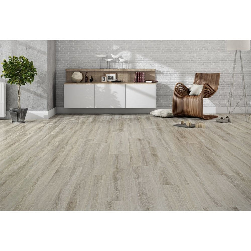 agt natura select silyon oak laminate flooring edge detail straight wood look thickness 8mm size 7.5"x47" SKU 991572 installed on living room floor