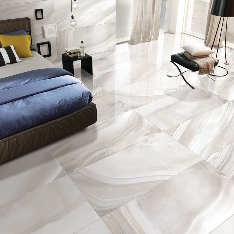 anka aqua glossy rectified porcelain wall and floor tile 23.60"x47.25" (60cmx120cm) size installed on bedroom floor