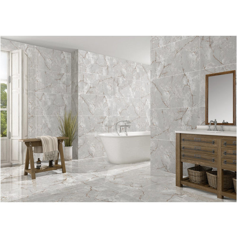 Anka asel grey glossy rectified porcelain floor tile bathroom application SKU-170010 Installed view of Asel tiles