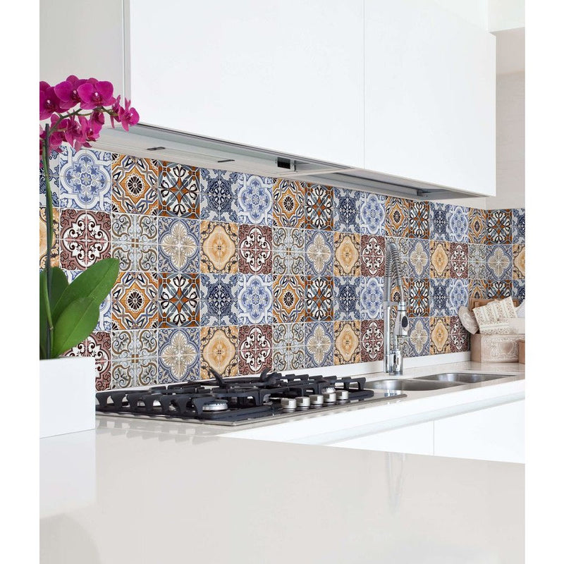 anka colourful pattern glossy unrectified porcelain wall tile size 30cmx60cm SKU 165139 installed as backsplash tile on kitchen floor