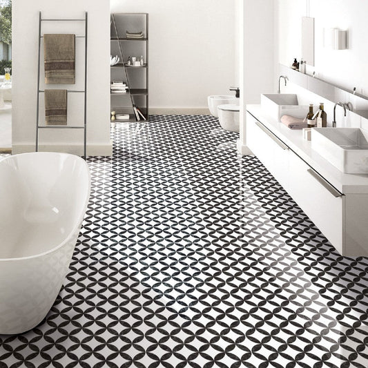 Anka dante black glossy rectified wall and floor tile size 24"x24" SKU-170021 Installed view of black Dante tile
