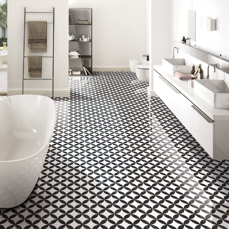 Anka dante black glossy rectified wall and floor tile size 24"x24" SKU-170021 Installed view of black Dante tile
