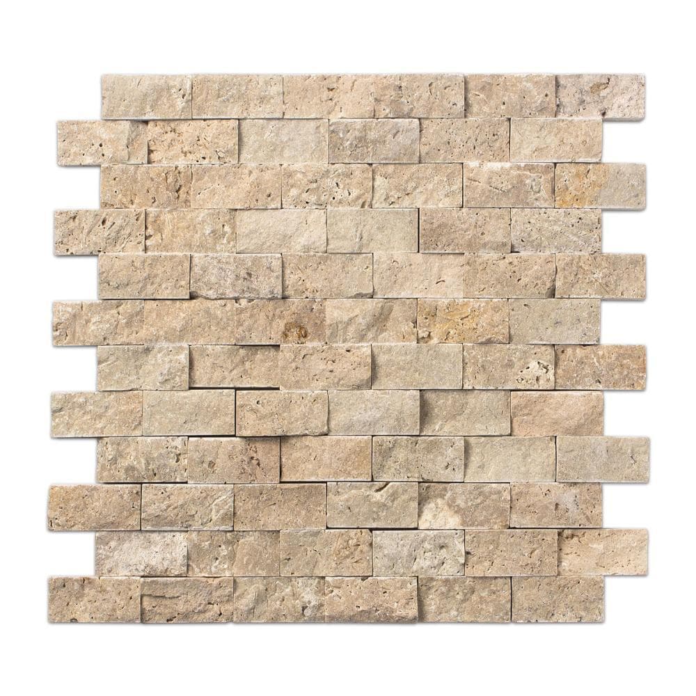 beige rustic splitface travertine mosaics 1x2 SKU 20012363 multi top view