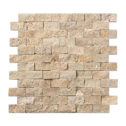 beige rustic splitface travertine mosaics 1x2 SKU 20012363 multi top view